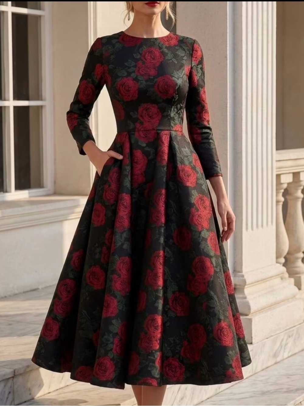Women’s Plus Elegant Black Dress with Red Rose Print Fit & Flare Size XXL